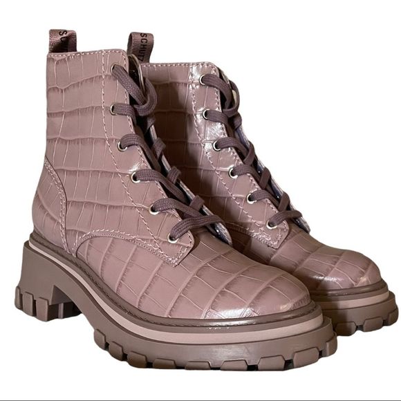 SCHUTZ Orly Croc-Print Lug-Sole Combat Boots Size 6B Sweet Lilac - Picture 2 of 10